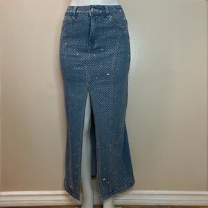 Blue denim with rhinestone details high slit maxi skirt